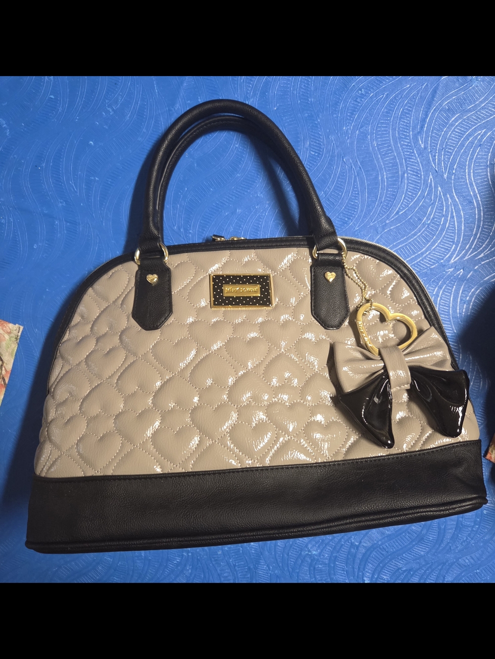 Betsey Johnson Rockstar Quilted Dome Satchel in Beige and Black